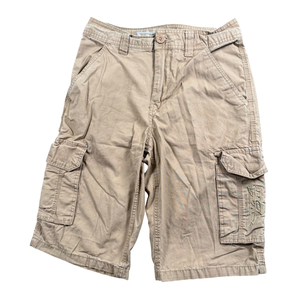 VTG No Fear Cargo Shorts 28 Tan Khaki Ripstop 90s Y2K Skate Utility Embroidered
